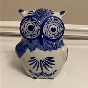 Blue and White Ceramic Owl Figurine